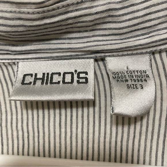 Chico's Blouse Ruffle Striped Button Up Shirt Blue White Long Sleeve Sz 3 Cotton - Picture 4 of 16
